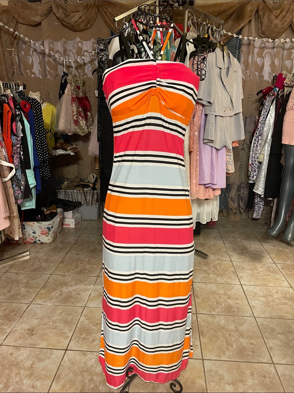 Striped Strapless Maxi Dress in Coral, Orange & Light Blue